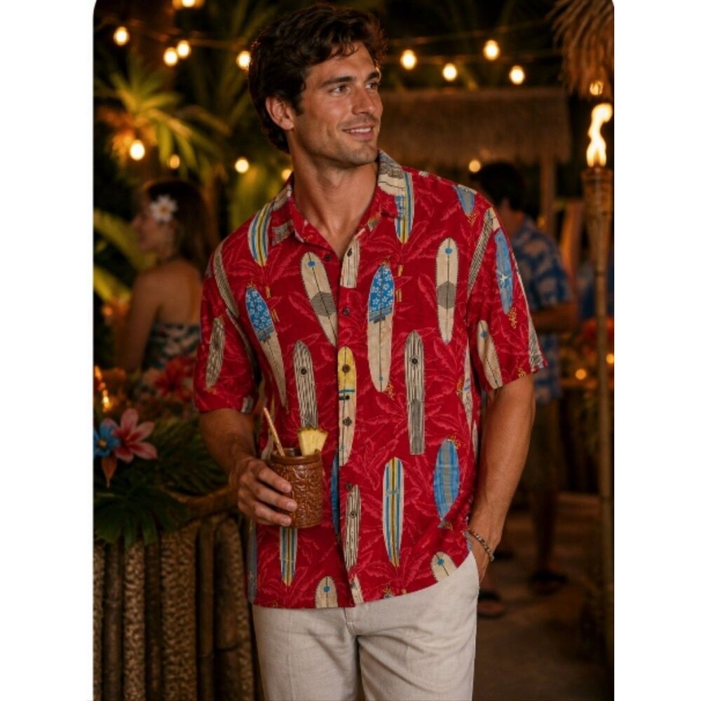 Tiki Palm Red Men's Surfboard Longboard Hawaiian Shirt XL Coastal Summer Surfer